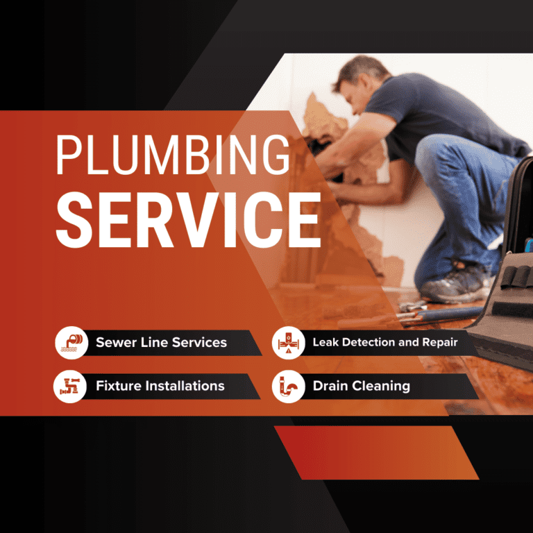 Plumbing services: sewer, leak repair, fixtures, drain cleaning.