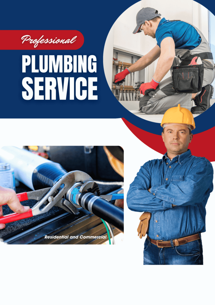 Professional plumbing service advertisement with plumbers.