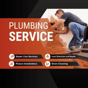 Professional plumbing services advertisement with repair tools.