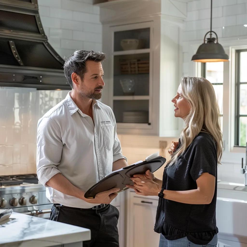 Plumber presenting a transparent pricing estimate to a homeowner in the kitchen