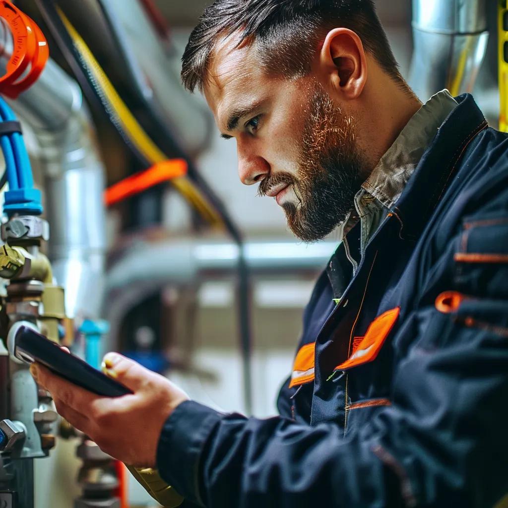 Plumber examining repair options on smartphone near plumbing system, emphasizing emergency pipe burst repair solutions.