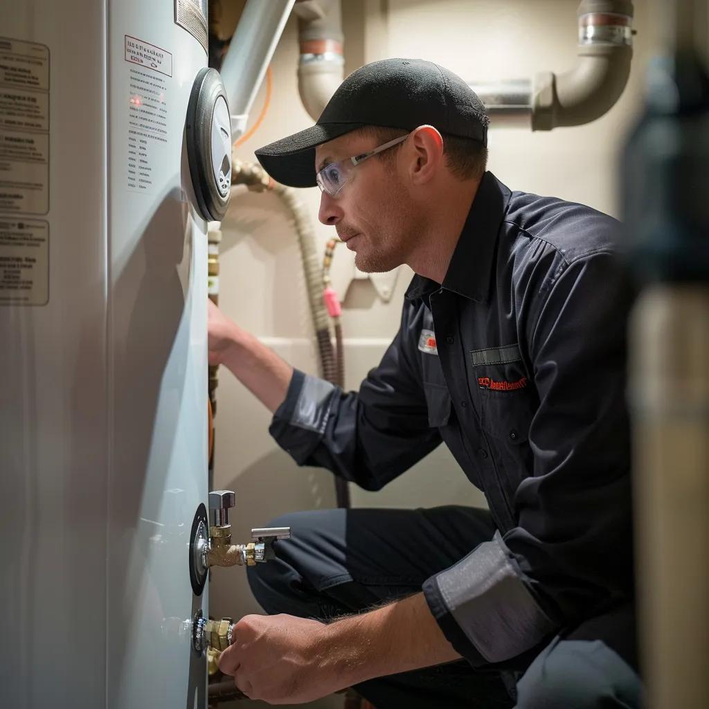 Homeowner performing maintenance on a water heater in a utility room