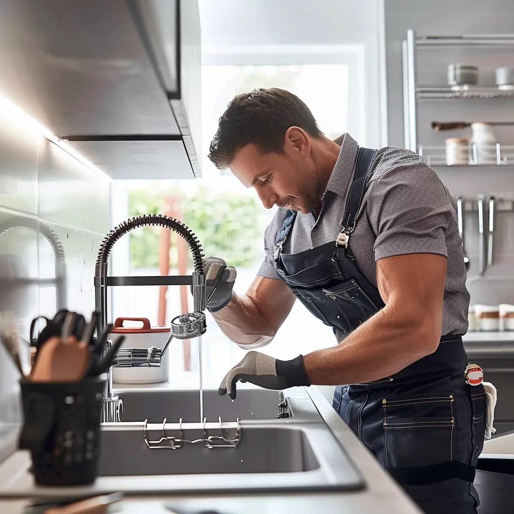 Professional plumber repairing a sink in a modern kitchen, showcasing reliable plumbing services