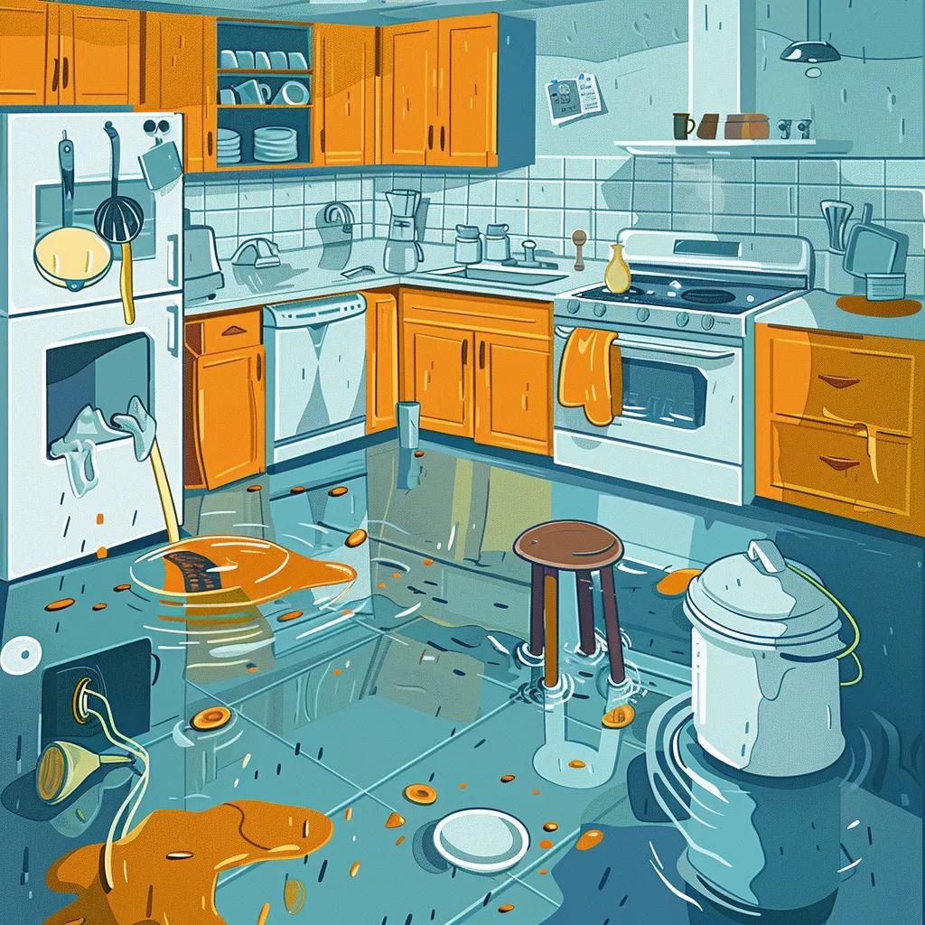 Illustration of common emergency plumbing issues including a leaking water heater, clogged sink, and burst pipe in a home setting