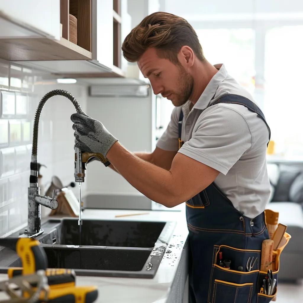 Professional plumber fixing a sink in a residential kitchen, showcasing reliable plumbing services