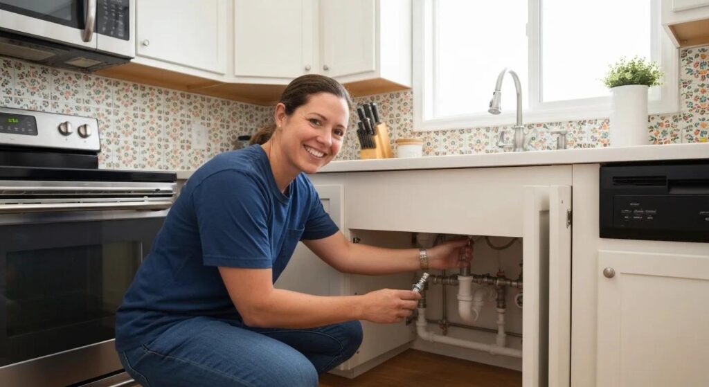 Homeowner inspecting plumbing under a sink for leaks and maintenance