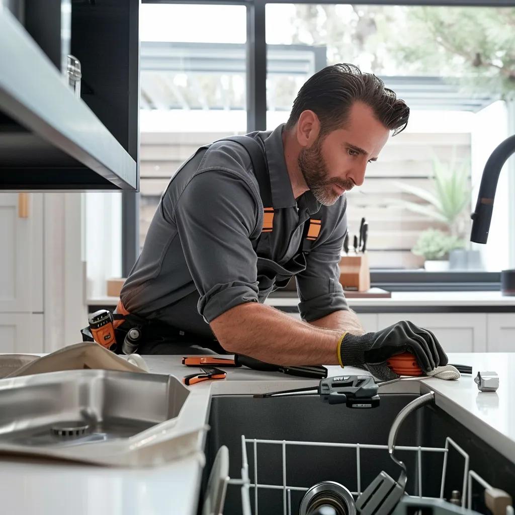 Professional plumber fixing a residential plumbing system under a sink in a modern kitchen