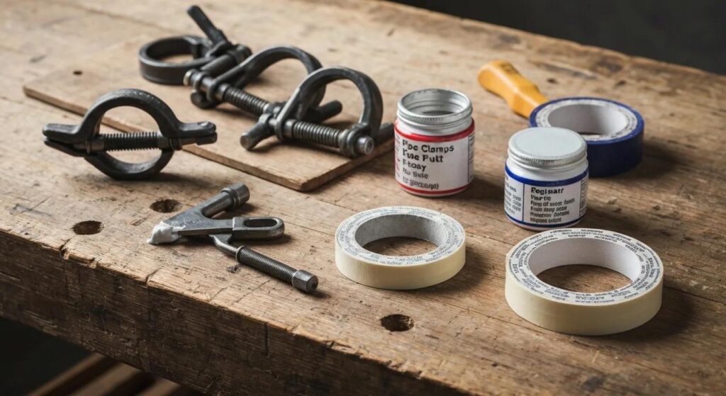 Tools for temporary pipe repair, including pipe clamps, epoxy putty, and repair tape, arranged on a wooden surface, relevant for emergency plumbing solutions.