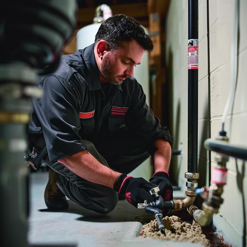 Homeowner performing routine plumbing maintenance in a clean basement, emphasizing the importance of prevention