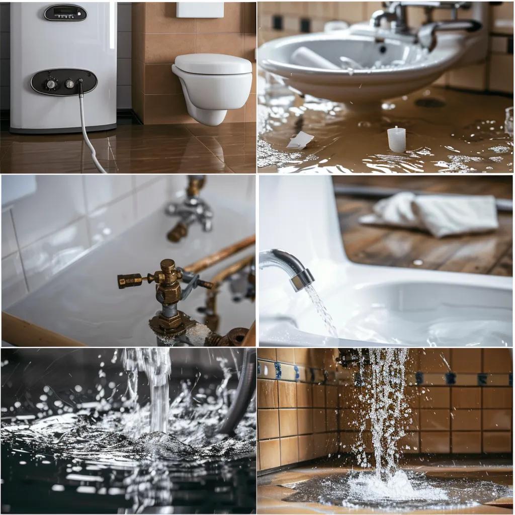 Collage of common plumbing emergencies including a leaking water heater, clogged sink, and burst pipe