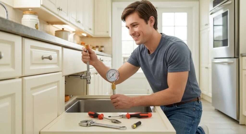 Homeowner inspecting plumbing under a sink with tools, emphasizing emergency preparedness