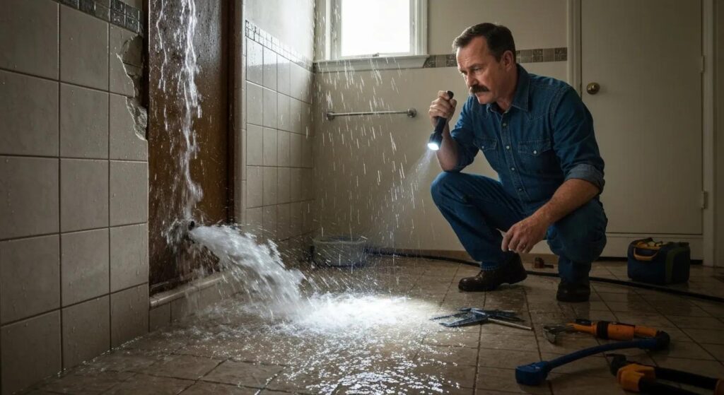 Burst pipe causing water damage in a home, with a plumber responding quickly
