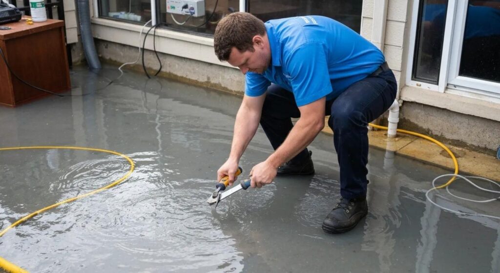 Professional plumber repairing a burst pipe in a flooded residential area, showcasing emergency plumbing solutions