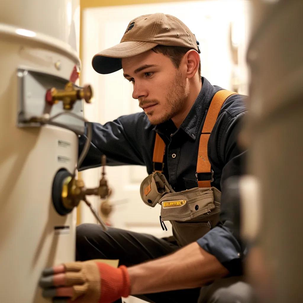Professional plumber repairing a water heater in a residential utility room