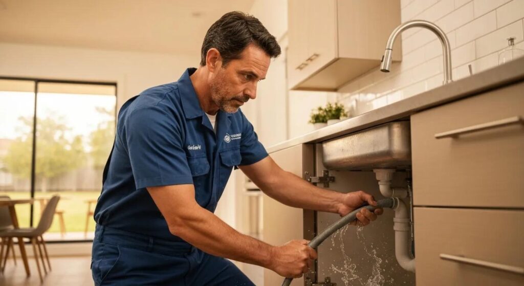 Professional plumber addressing an emergency plumbing issue in a residential setting