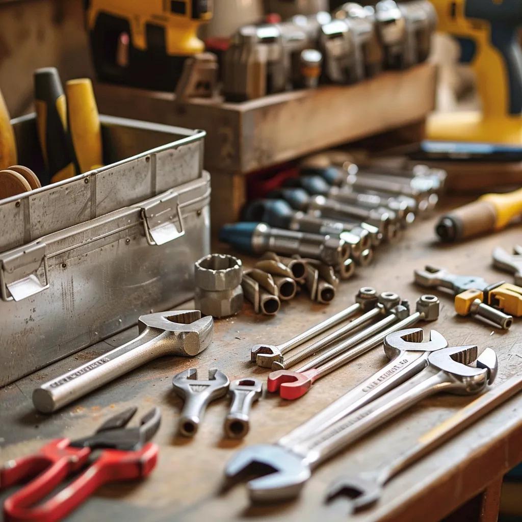 Variety of plumbing tools and equipment on a workbench, symbolizing expertise in plumbing services