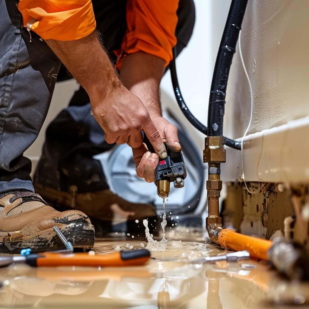 Plumber repairing a burst pipe in a basement, illustrating a plumbing emergency