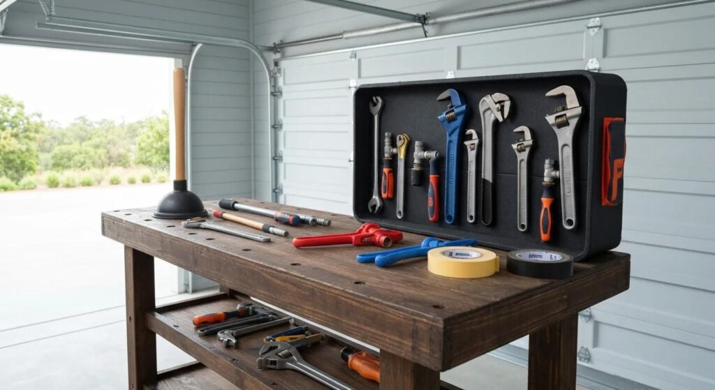 Emergency plumbing kit with essential tools on a workbench, showcasing preparedness for plumbing issues