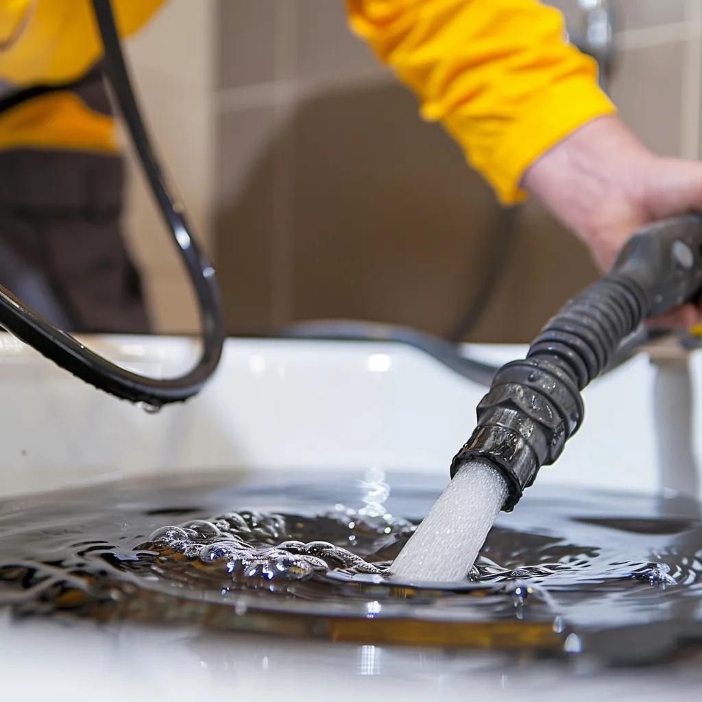 Plumber using hydro jetting to clear a clogged drain in a residential bathroom
