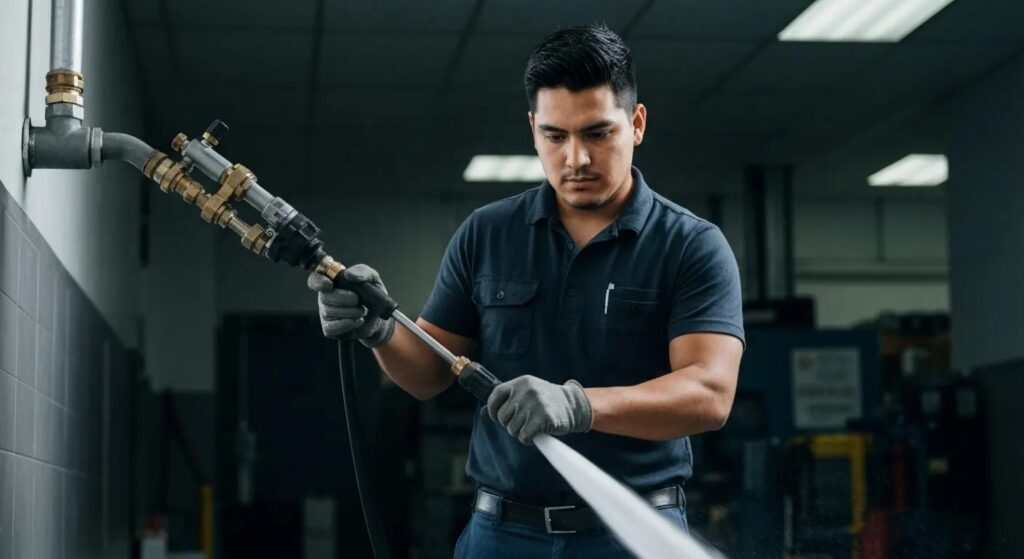 Professional plumber using hydro jetting equipment for emergency drain cleaning