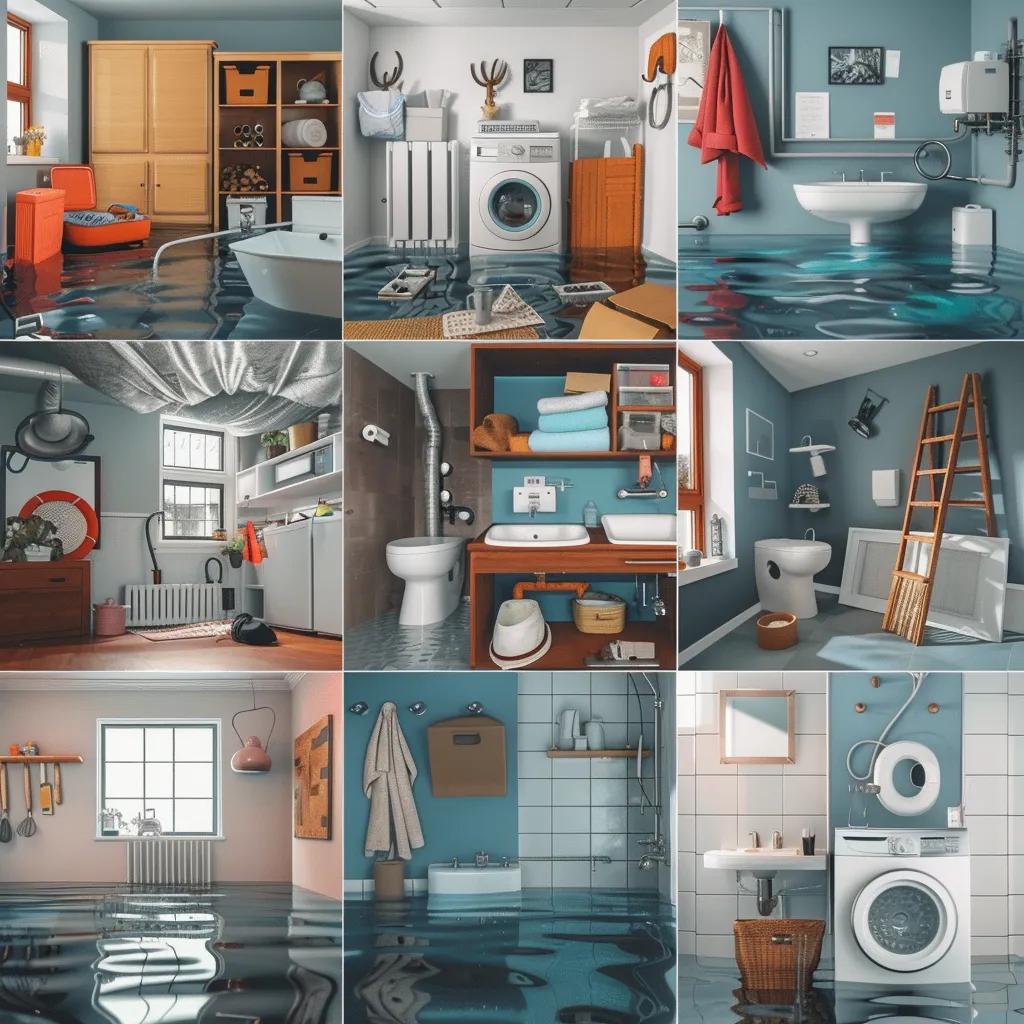 Collage of common plumbing emergencies including a flooded basement, leaking water heater, and clogged sink