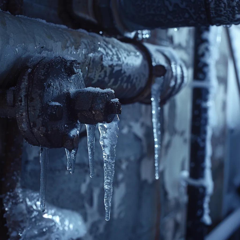 Frozen pipe with icicles and a worn water heater, illustrating plumbing emergency risks