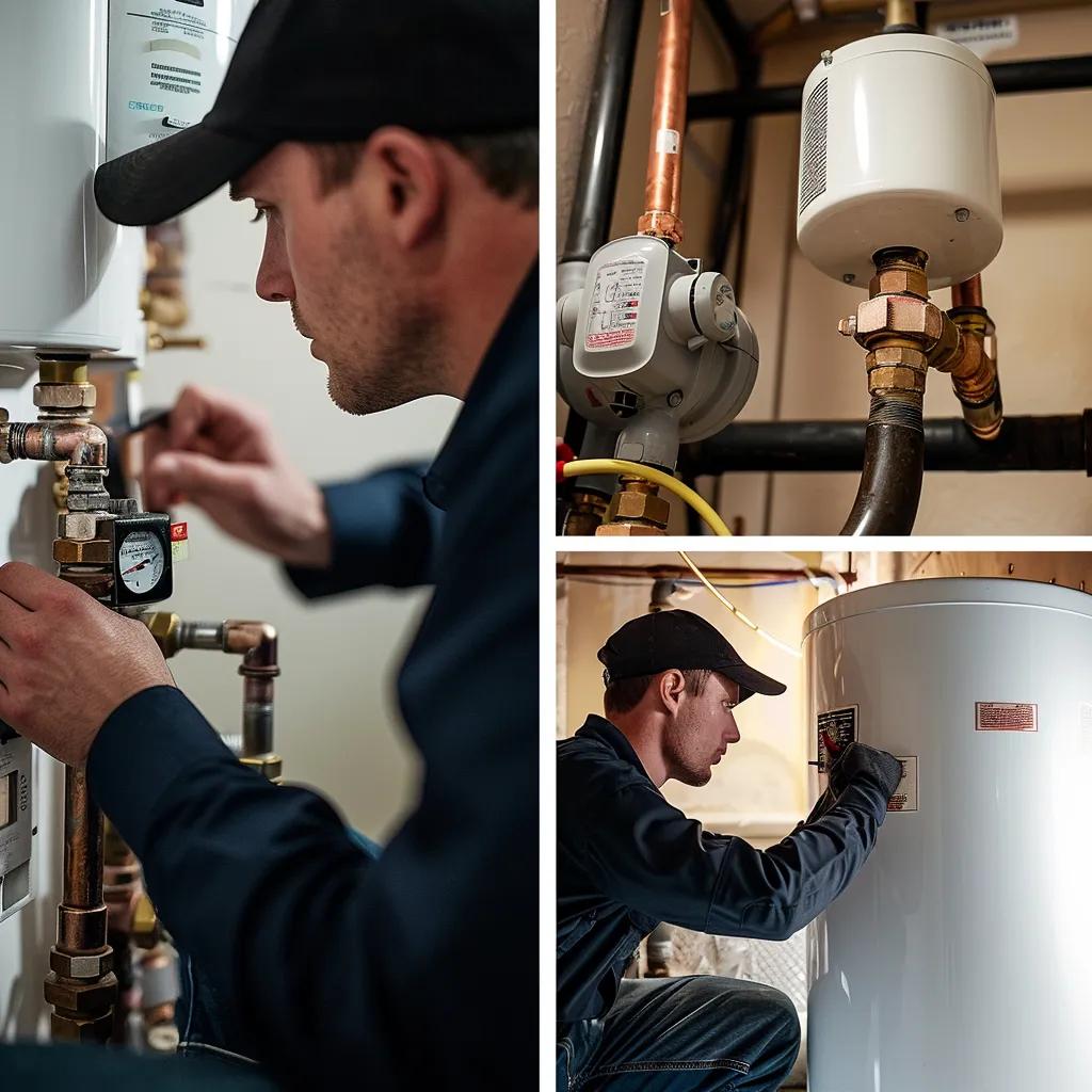 Collage of common water heater problems including leaks and no hot water