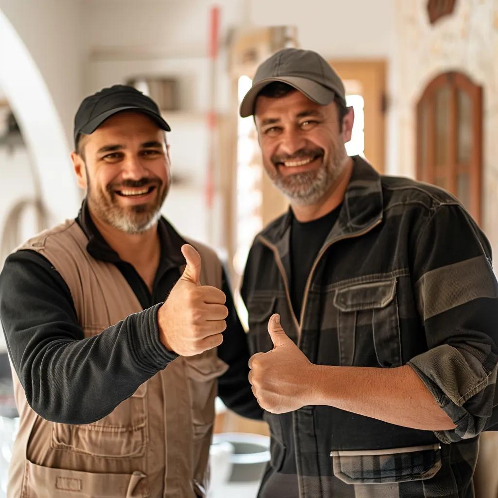 Satisfied customer giving a thumbs up next to a plumber, representing positive customer reviews and service quality
