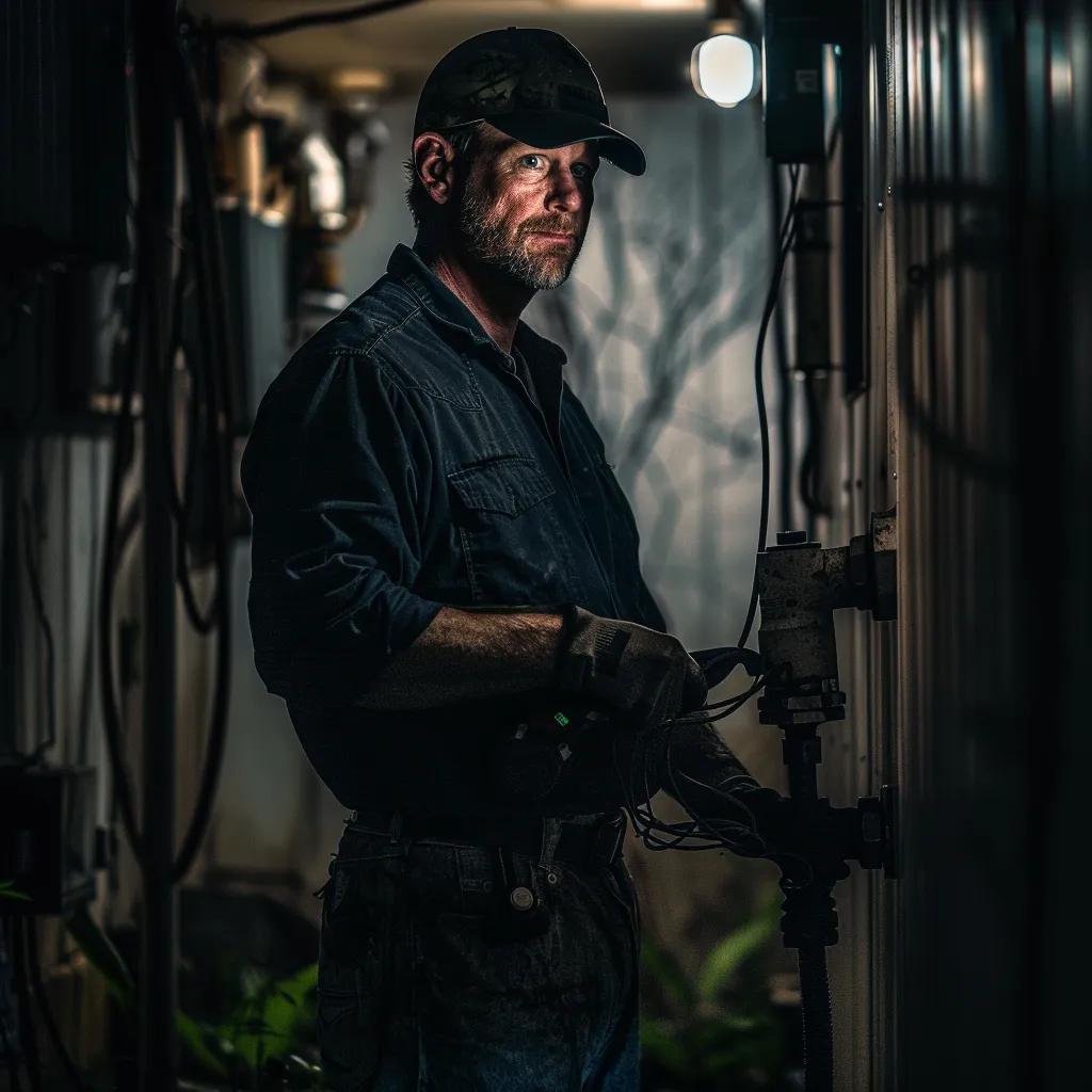 Plumber responding to an emergency plumbing call at night with tools in hand