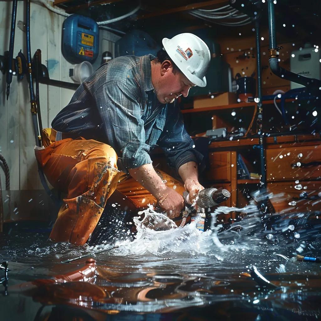 Professional plumber repairing a burst pipe in a flooded basement, emphasizing urgent plumbing services