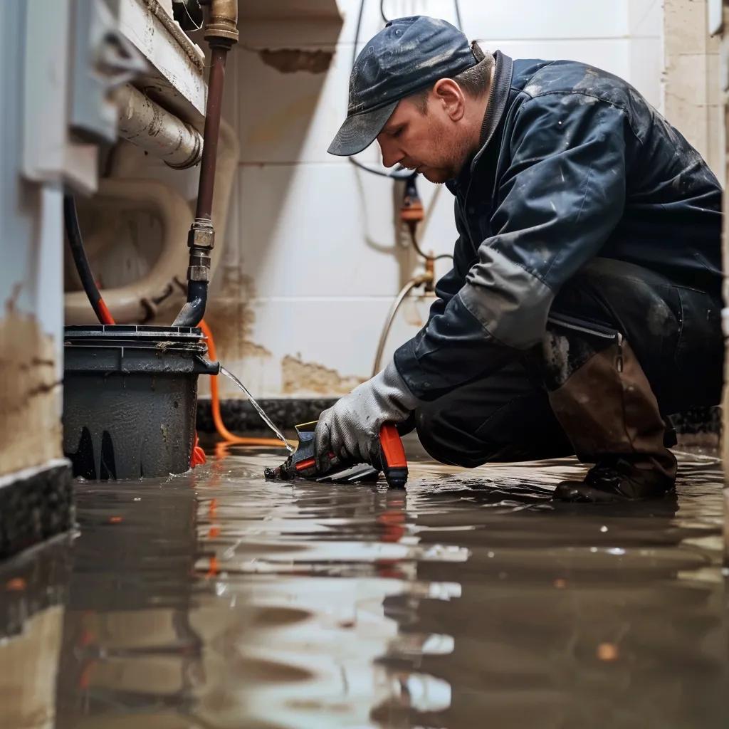 Professional plumber repairing a burst pipe in a flooded basement, showcasing emergency plumbing solutions