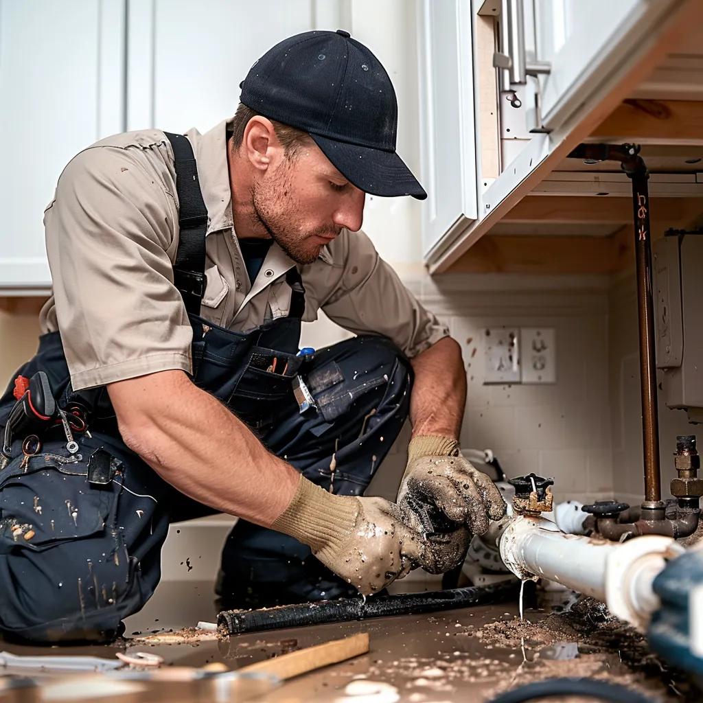 Professional plumber repairing a burst pipe in a home, showcasing emergency plumbing services