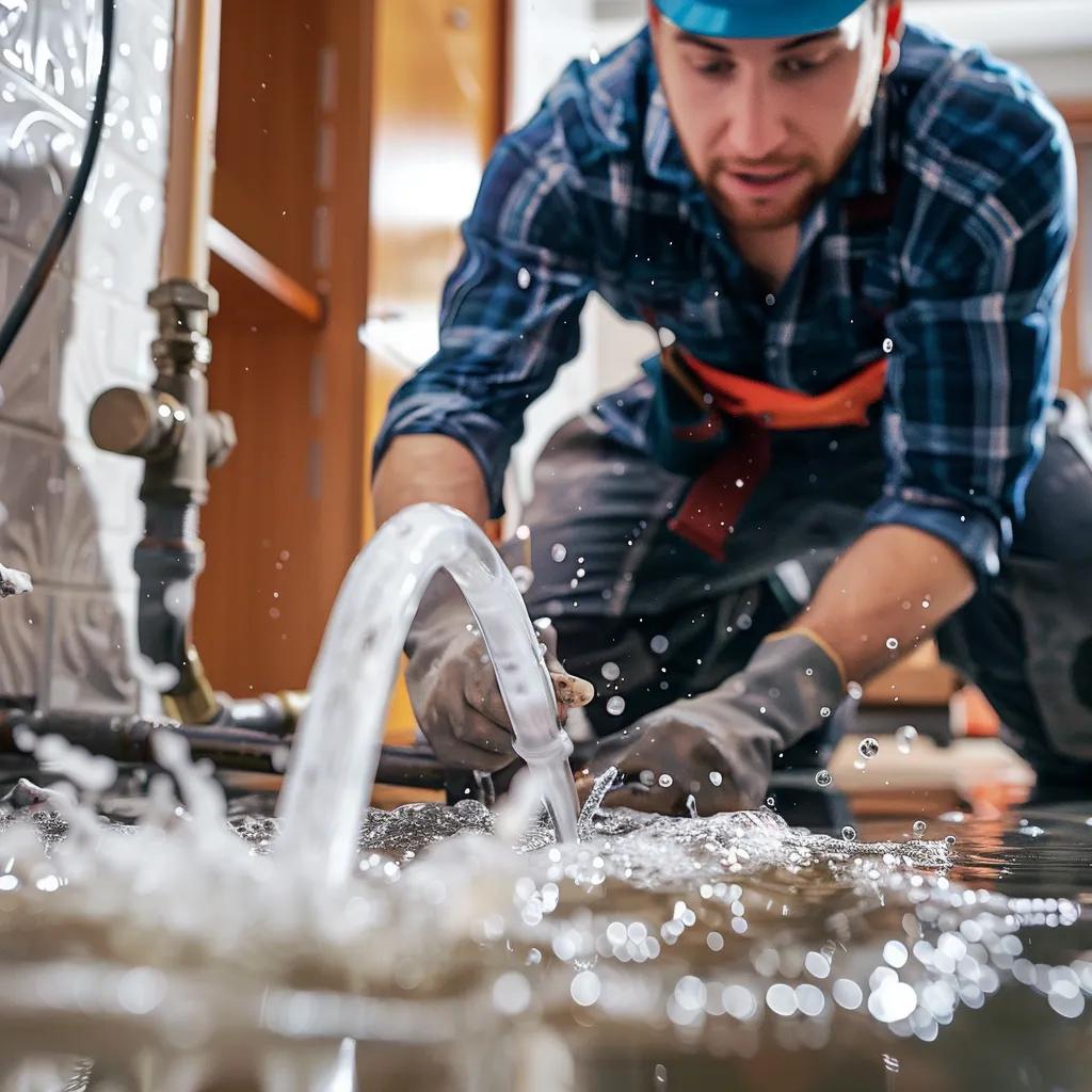 Professional plumber repairing a burst pipe in a residential home, showcasing emergency plumbing services