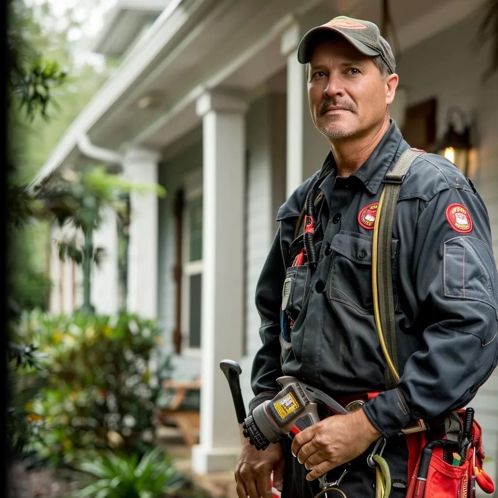 Plumber responding to an emergency plumbing call outside a residential home
