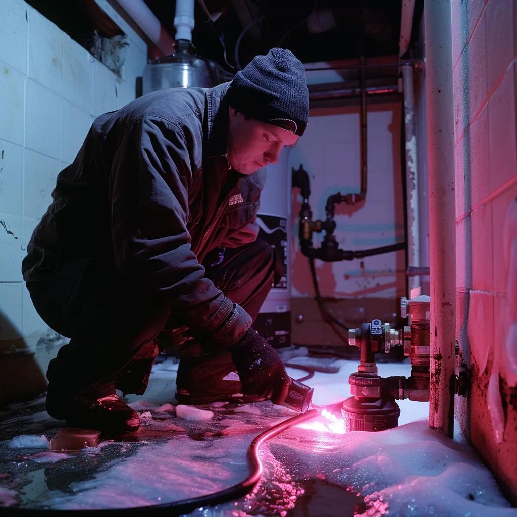 Technician using an infrared lamp to safely thaw a frozen pipe in a residential basement