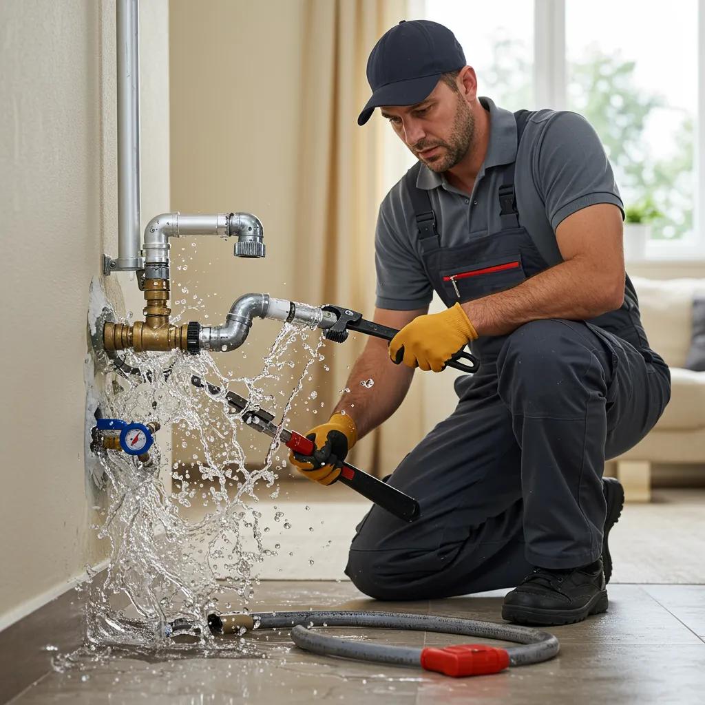 Plumber fixing a burst pipe in a home, illustrating the urgency of emergency plumbing services