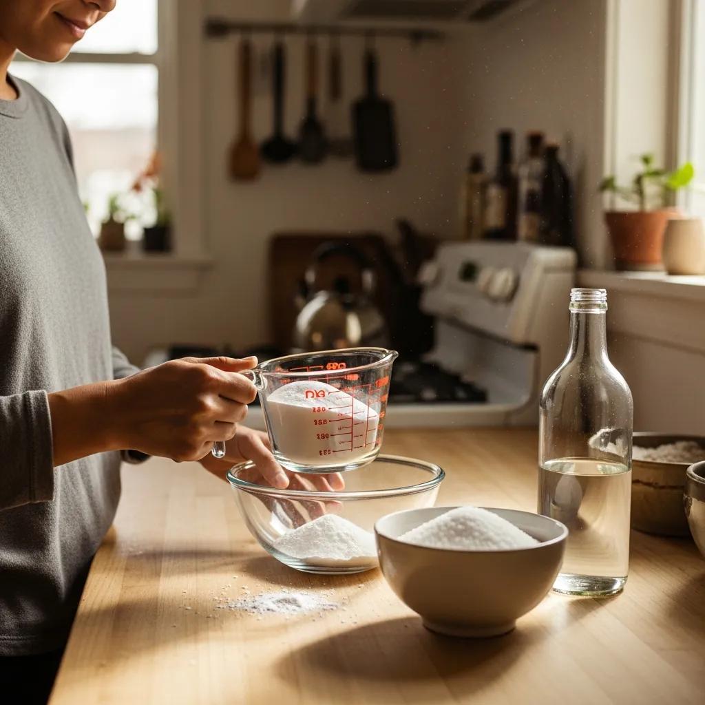 Person measuring baking soda in a cozy kitchen, preparing a homemade drain unclogger recipe with vinegar and salt, highlighting eco-friendly cleaning methods.