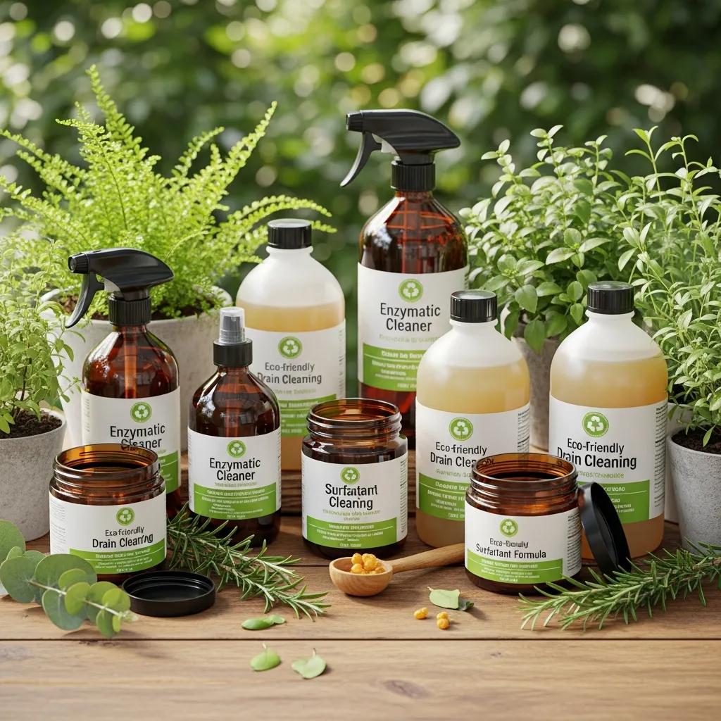 Eco-friendly drain cleaning products including enzymatic cleaners and surfactant formulas displayed on a wooden table surrounded by greenery, highlighting natural alternatives for plumbing maintenance.
