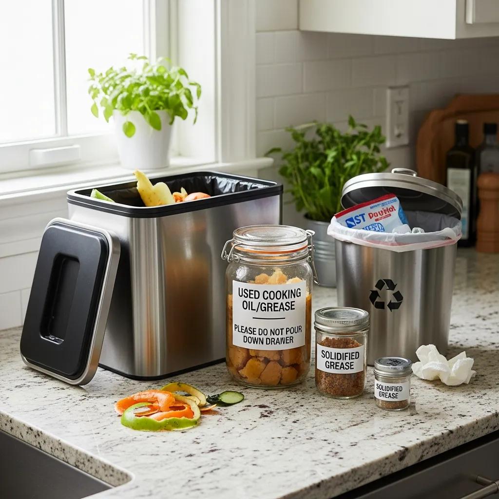 Kitchen practices for disposing food waste and storing grease for disposal