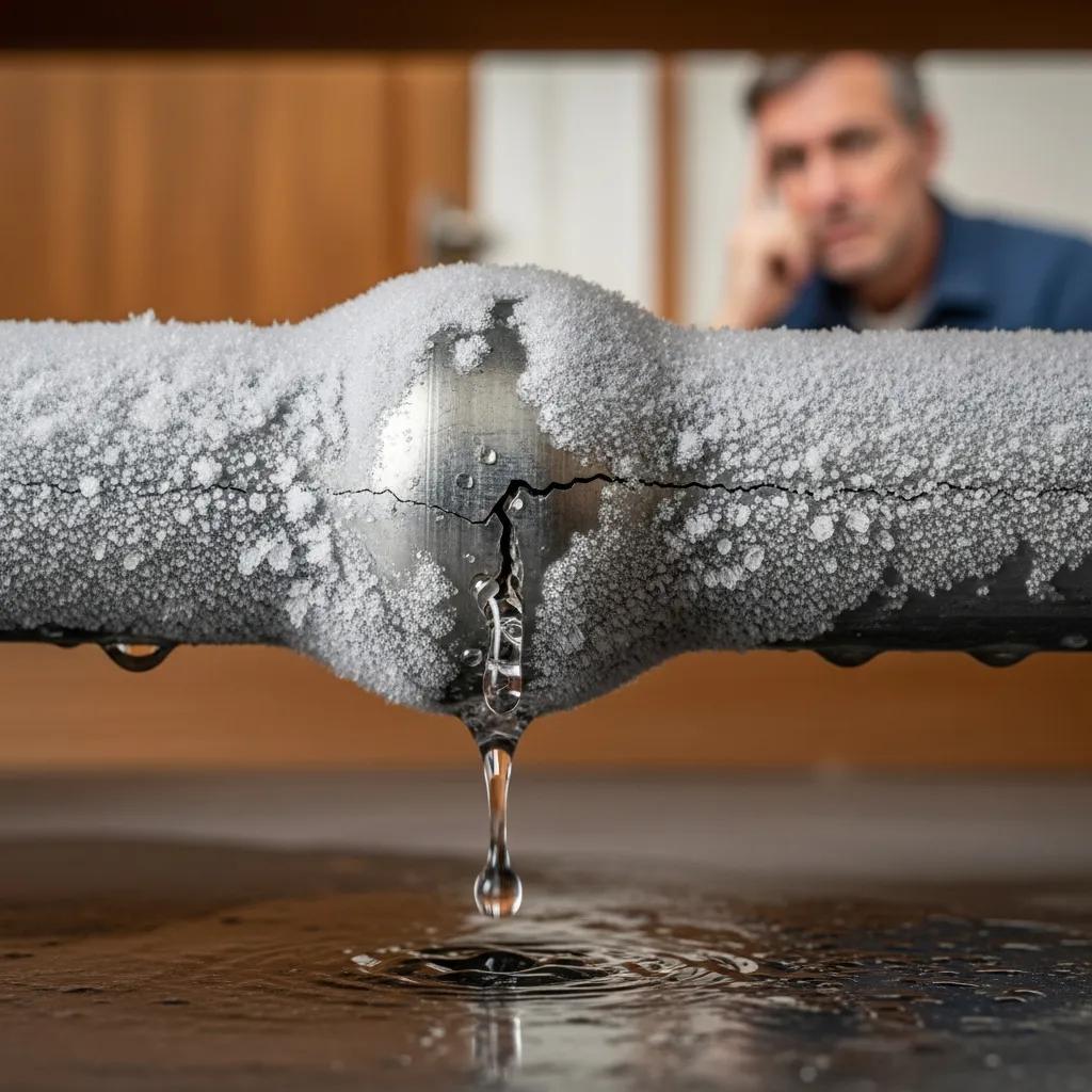 Bulging ice-covered pipe with visible frost, showing how freezing can lead to leaks