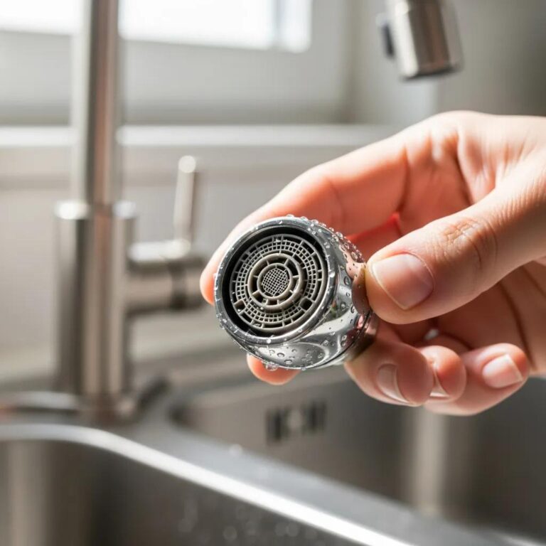 Close-up of a clean faucet aerator in a modern kitchen, emphasizing its design and functionality