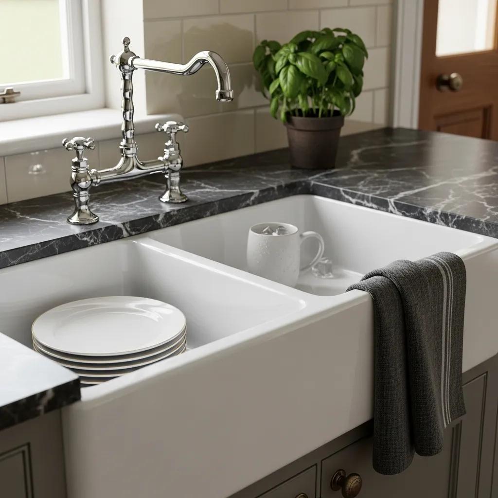 Glossy enameled cast iron kitchen sink close-up showing durable finish