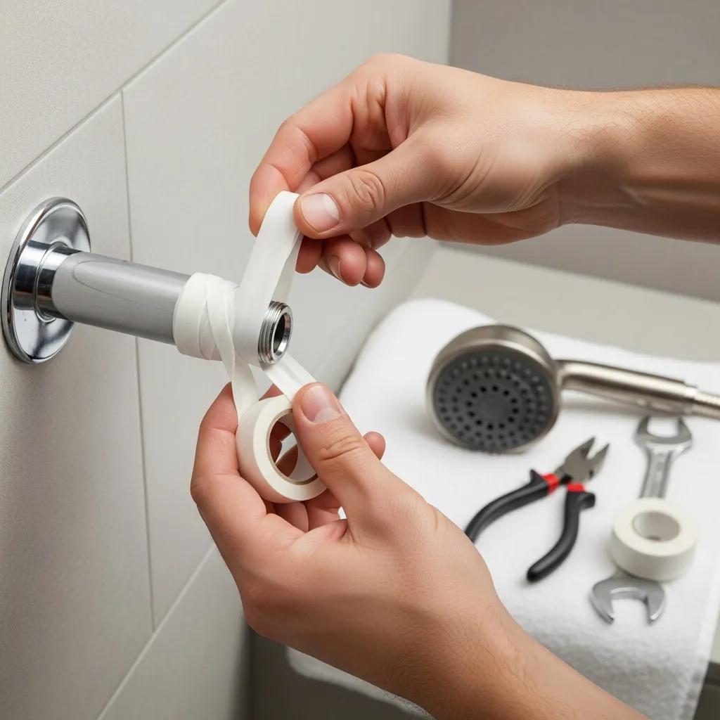 Close-up of hands wrapping plumber's tape around a shower arm before installing a new showerhead