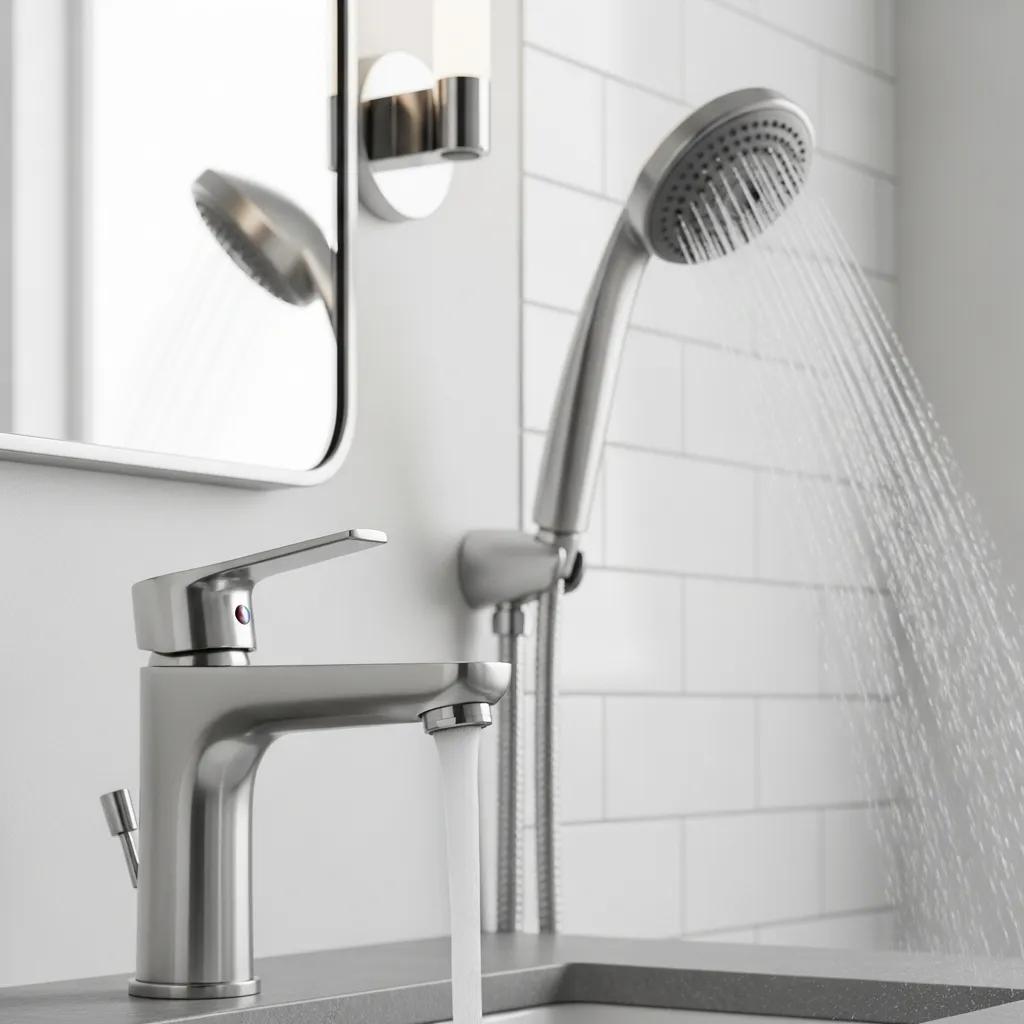 Close-up of WaterSense faucet and showerhead showing efficient flow features