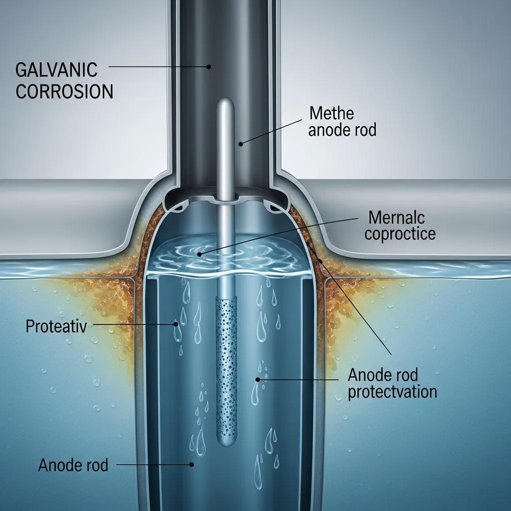 Cross-section of a water heater tank showing galvanic corrosion and anode rod protection