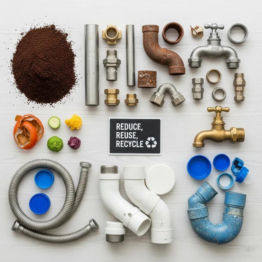 Types of plumbing waste — organic scraps, metal pipes, and plastic piping
