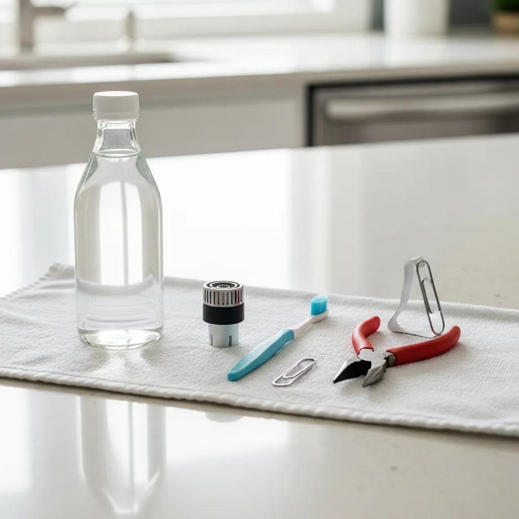 Cleaning tools laid out for faucet aerator maintenance — vinegar, toothbrush, pliers, and a small bowl