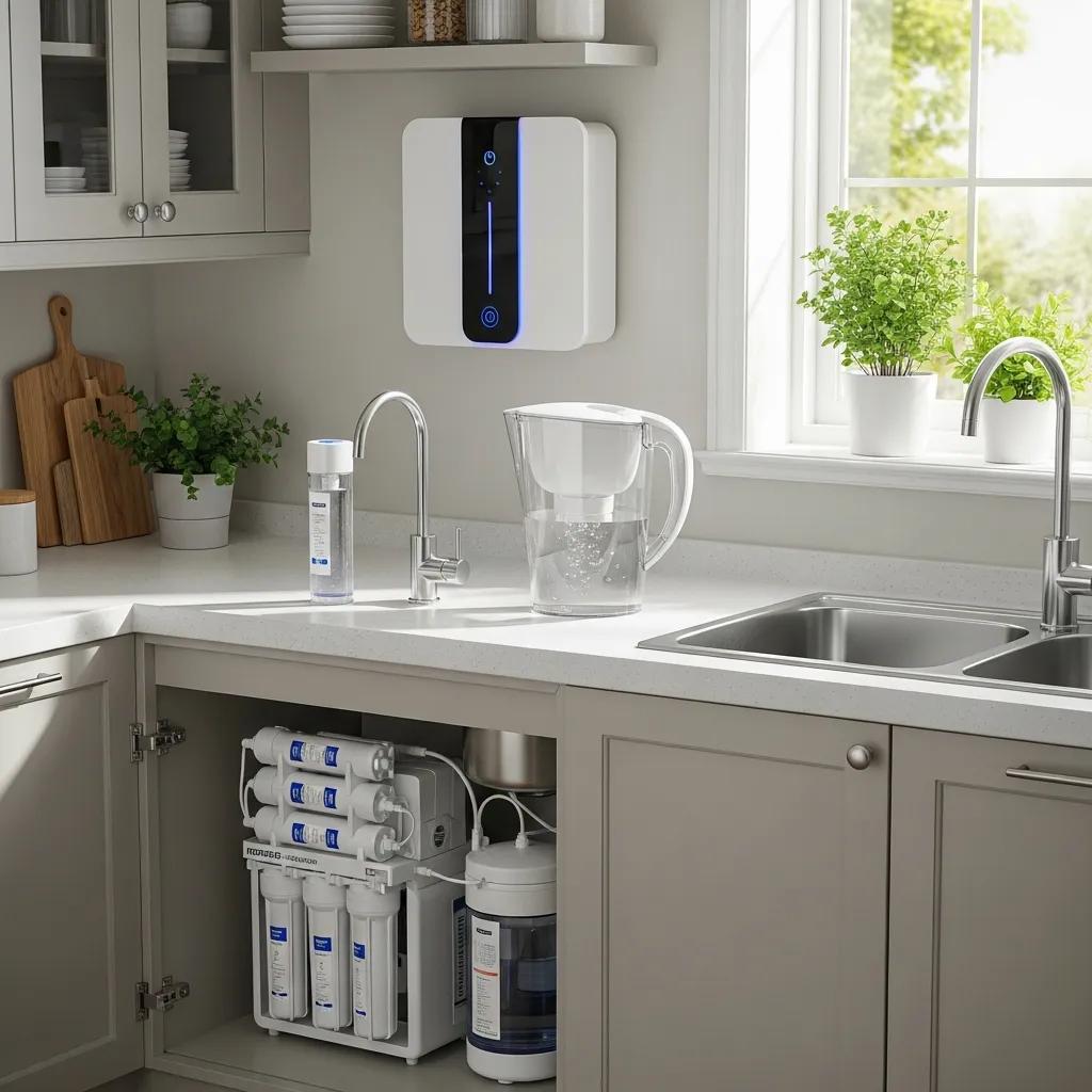 Various home water filtration systems on display to illustrate treatment choices