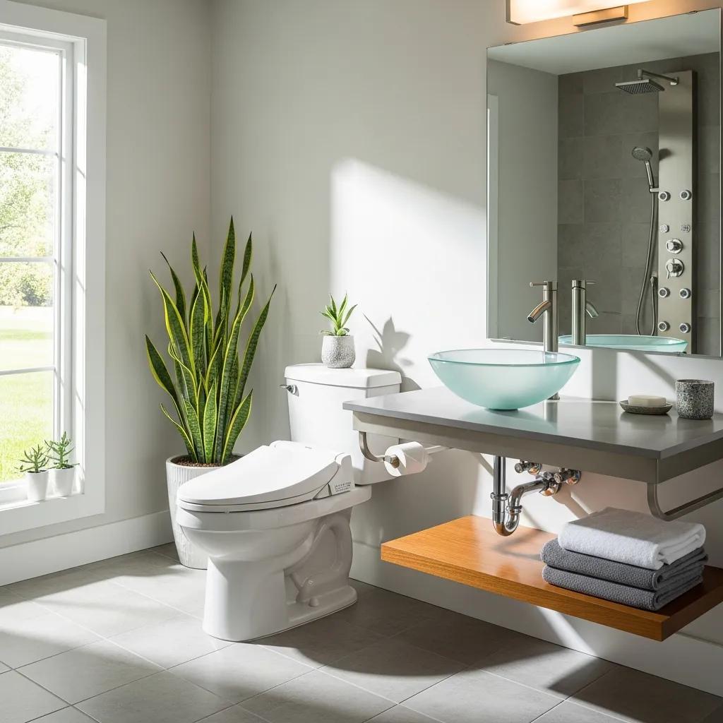 Eco-friendly plumbing solutions with low-flow fixtures in a bright bathroom