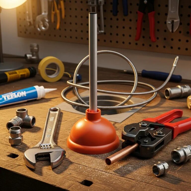 Essential DIY plumbing tools including a plunger, adjustable wrench, pipe cutter, and drain snake on a workbench